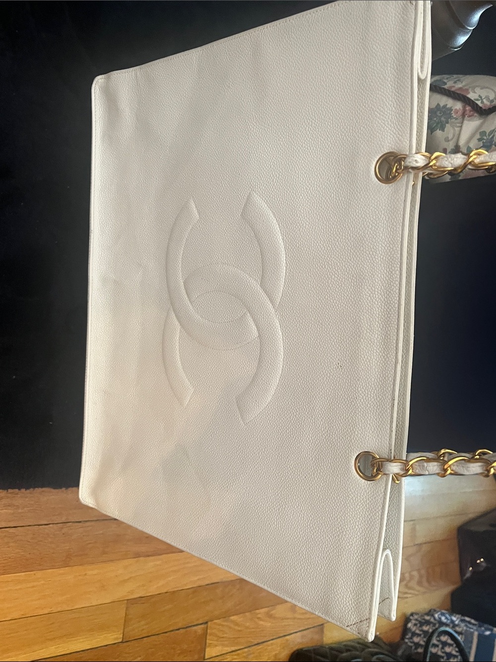 CHANEL White Quilted Large Tote with Gold Chain-Strap Detail